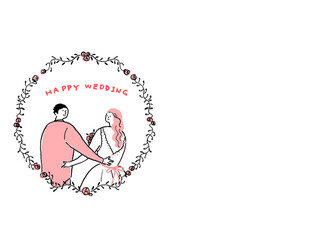 ウエディングドレスの女性とタキシードの男性、フラワーフレーム、テキストあり（横、左配置）