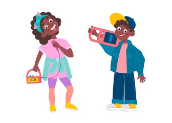 Set with kids in retro style. Cute and stylish children from 90s. Hand drawn vector illustration. Vintage clothes and hobbies.