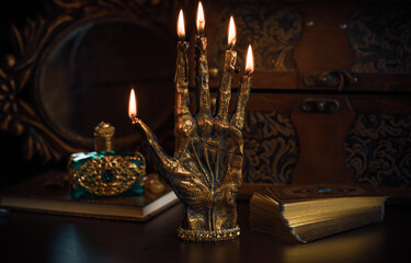 The palm of the hand with the signs, illustration for palmistry, reading fate on the hand, numerology. Banner for astrology and magic. Vintage gothic illustration 