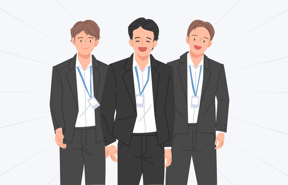 Business people with employee IDs around their necks are standing in a confident pose and looking straight ahead. flat design style vector illustration.	