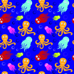 Fototapeta na wymiar Baby sea background octopus on blue, seamless pattern, texture for fabric design, wallpaper and tile, vector illustration