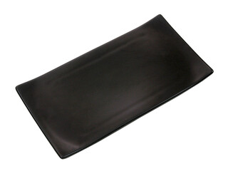 Empty black rectangle ceramic plate with rough texture isolated on white background
