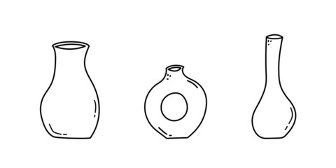 Set of hand drawn line art vases. Doodle clay pottery collection. Isolated vector illustration 