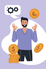 People and business. Man, ok gesture, joy. Infographics, presentation. Coins, money. Vector image.