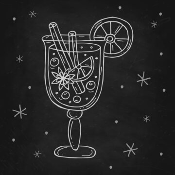 Mulled wine with cinnamon, orange and star anise with a snowflakes on a black chalk board. Vector illustration in doodle style. Winter mood. Hello 2023. Merry Christmas and Happy New Year.
