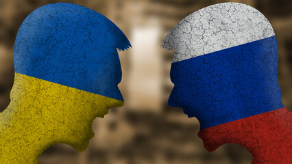 Russia vs versus Ukraine. Two angry faces with the flag of the country. Conceptual image of the war...