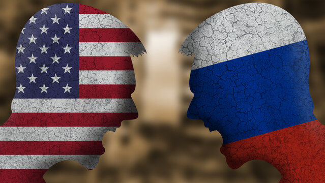 Russia versus USA. Two angry faces with the flag of the country. Conceptual image of the war in Ukraine