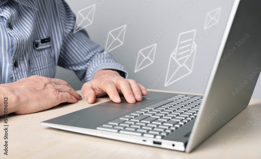Poster business mail concept. man working on laptop and sending letters to partners, colleagues. online com