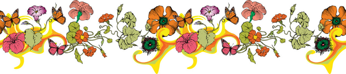 Flowers and butterflies. Seamless abstract border. Suitable for fabric, mural, wrapping paper and the like