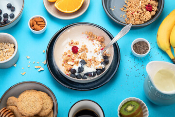 Healthy breakfast on colourfull background.