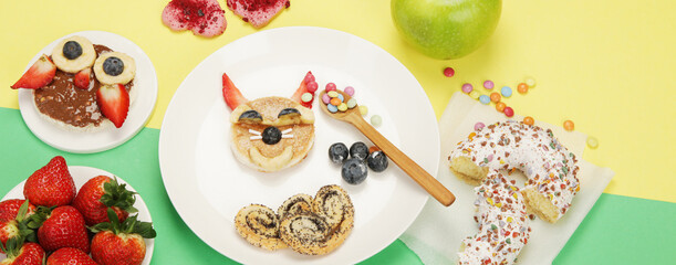 Healthy toasts for kids on colourfull background.