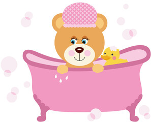 Baby girl teddy bear taking a bath with shower duck
