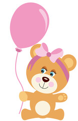Cute baby girl teddy bear holding a pink balloon