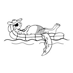 A dinosaur on an air mattress floats in the sea, isolated on a white background.Vector illustration in doodle style.For summer designs.