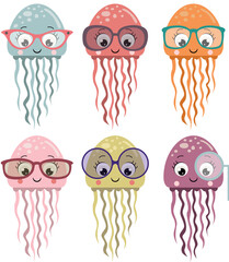 Set of colorful baby squids with glasses