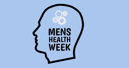 Vector image of men's health week text and gears on man face over blue background