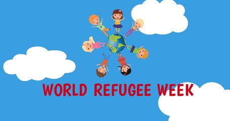 Illustration of happy children over globe with world refugee week text on sky with cloud