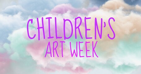 Digital composite image of children's art week text against cloudy sky