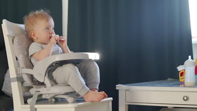 Cute Kid With Food Nibbler Baby Fruit Pacifier Sitting In Booster Seat Fixed On Top Of Dining Chair Watching Tv. High Quality 4k Footage