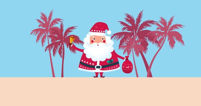 Illustration of santa claus with bag and bell on sand with coconut trees against sky