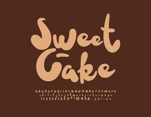 Vector bright logo Sweet Cake. Playful Handwritten Font. Artistic Alphabet Letters, Numbers and Symbols set. 