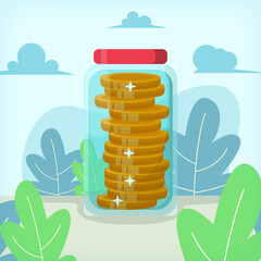 Stacked of Golden Coins in A Jar Illustration Design Concept