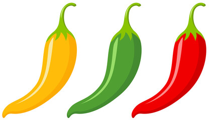 Yellow, green and red hot chili peppers