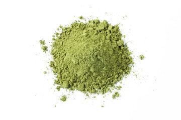 Heap of matcha green tea powder on white background