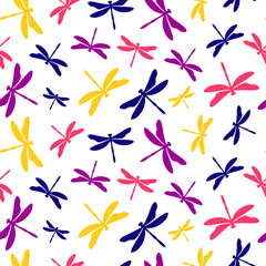 Colorful dragonflies seamless pattern with white background.