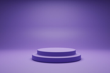 3D rendering purple colour minimal concept double cylinder pedestal or podium for product showcase display on empty background. 3D mockup illustration
