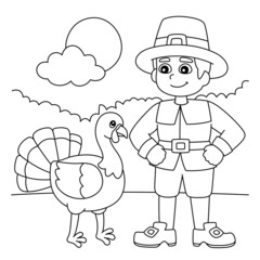 Thanksgiving Pilgrim Boy With Turkey Coloring Page