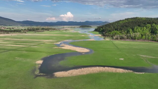 Flying over the Cerknica lake on a beautiful spring day. The river goes from the forest to the flatlands where it creates an intermittent lake.