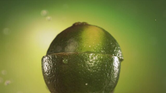 Half Lime falling and splashing on green background. Food levitation concept. Slow Motion