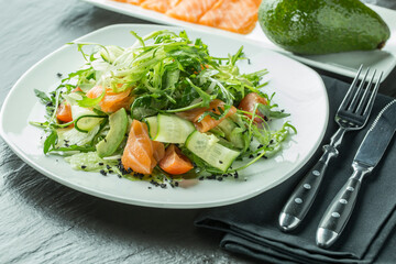 Salad with Salmon on Served Table, Restaurant food