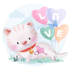 Cute kitty with balloon illustration
