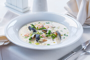 Cream Soup with Seafood on Served Table, Restaurant Food