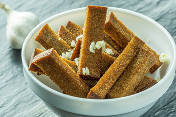 Croutons, Croutons with Garlic on Served Table