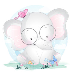 Cute elephant with floral illustration
