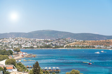 Mediterranean bay overlooking Bodrum under the bright sun.