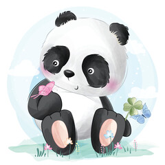 Fototapety  Cute panda with floral illustration