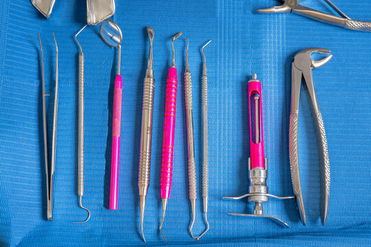 Top view of a table with dental tools in a clinic