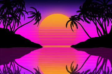 Fototapeta na wymiar fantastic sunset on the beach with palm trees and a big evening sun against the background of the starry sky in retrowave style