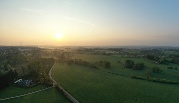 Sonnenaufgang Nebel Felder Luftbildpanorama Kornelim&uuml;nster Niederforstbach Brand Aachen Luftaufnahme Eifel