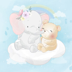 Cute elephant with bear illustration