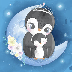 Cute penguin mother and baby illustration