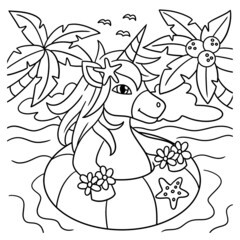 Fototapeta na wymiar Unicorn In The Ocean Coloring Page for Kids