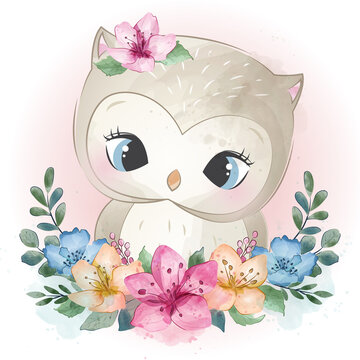 Cute owl with floral illustration