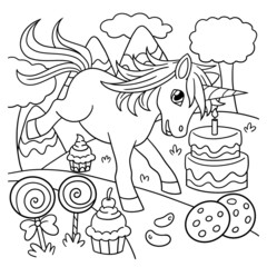 Fototapeta na wymiar Unicorn In Candy Land Coloring Page for Kids