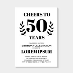 50th Birthday or Anniversary invitation card. Birthday Party invite. Cheers to 50 years. Vector template