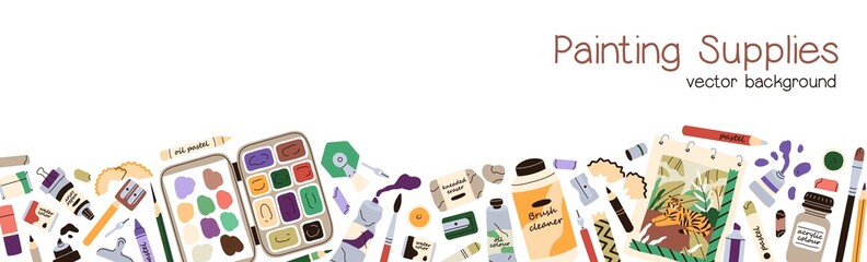 Banner with art supplies border. Promo background of painting workshop, drawing class with brushes, paints, pencils. Horizontal advertising backdrop with painters stationery. Flat vector illustration